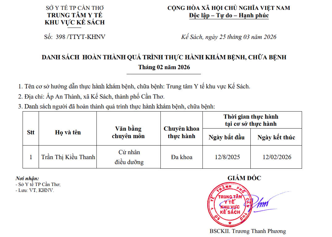 DANH SÁCH HOÀN THÀNH QUÁ TRÌNH THỰC HÀNH KHÁM BỆNH, CHỮA BỆNH THÁNG 02 NĂM 2026